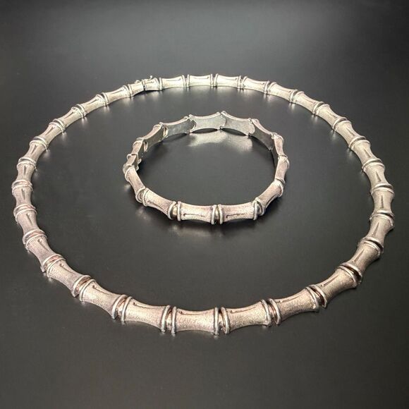 Estate Jewelry - Vintage Sterling Silver Bamboo Link Choker Necklace & Bracelet Set 925 Italy 17"